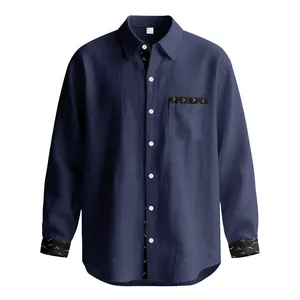 Men's navy linen long-sleeve shirt featuring contrast patterned trim on the cuffs and pocket