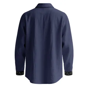 Rear view of a navy blue textured linen long-sleeve shirt for men, perfect for casual wear