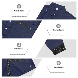 Detailed close-ups of neck, pocket, cuff, and hem on a blue men's casual linen shirt.