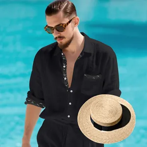 Men's black linen vacation shirt with patterned trim details