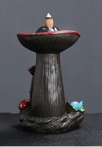 Macro view of bionic mushroom resin backflow incense burner showing realistic wood texture.