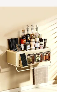 Wall-mounted spice rack organizer showing large capacity for bottles and jars