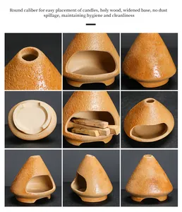 Detail view of ceramic sage burner fireplace with various angles and holy wood