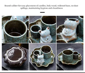 Detailed views of a ceramic lotus leaf and frog incense holder for palo santo.