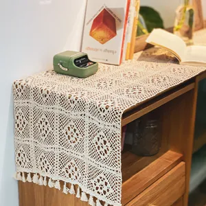 Vintage Hollow Lace Crochet Table Runner With Tassels Off-white Cotton Blend Tablecloth For Dining Table Entryway Cabinet Decor