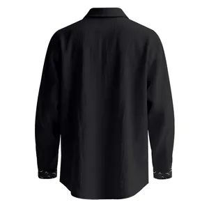 Back view of a black linen long-sleeved shirt with printed pattern on cuffs