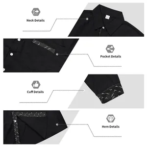 Detailed views of a black men's casual shirt showing collar, pocket, cuffs and hem