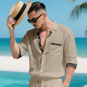 Stylish men's linen patchwork shirt with patterned trim and casual holiday look