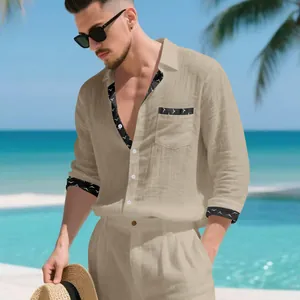 Linen patchwork long-sleeve casual vacation shirt for men in beige with bird patterns