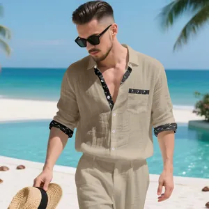 Outdoor full view of men's casual linen shirt set with contrast trim in beach setting