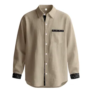 Detail view of men's khaki linen long sleeve shirt with patterned cuffs and pocket trim