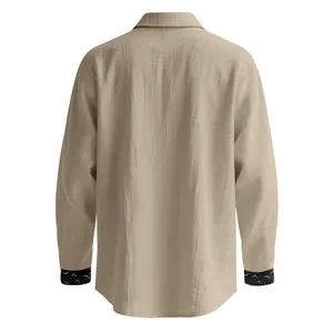 Detailed back view of khaki linen-texture long sleeve shirt with patterned cuffs