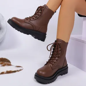 British Style Women Martin Boots Autumn Winter Thick Sole Platform Lace Up Ankle Boots Lychee Pattern PU Leather Dark Brown Non Slip Boots Plus Size