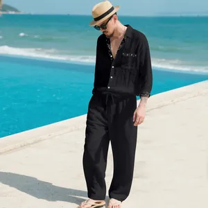 Ensemble de vacances en lin noir pour hommes avec chemise manches longues et pantalon ample
