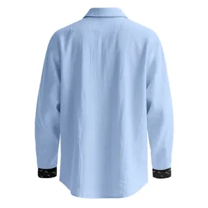 Back view of men's casual light blue linen shirt featuring premium textured fabric