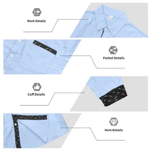 Detail view of men's blue linen shirt showing patterned neck, cuff, and pocket trim