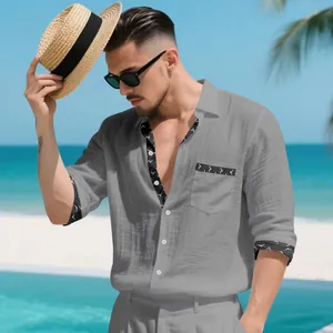 Casual grey men's linen shirt with stylish patterned trim details for holiday wear