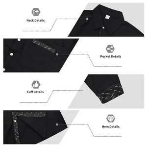 Détails d'une chemise en lin noir pour homme avec imprimé mouettes au col et aux poignets.
