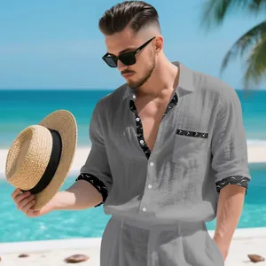 Casual gray linen shirt with bird pattern contrast trim on collar and cuffs for men