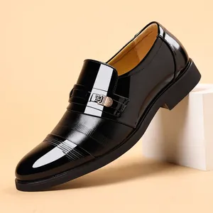 Men Business Formal Glossy Patent Microfiber Leather Loafers Height Increasing Black Dress Shoes Metal Buckle Footwear