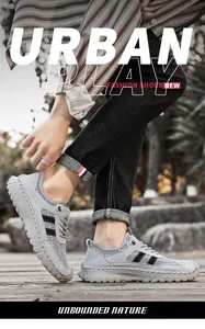 Close-up side view of grey men's breathable mesh outdoor shoes with black stripes