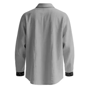 Detailed back view of a gray men's loose linen casual shirt with patterned cuffs