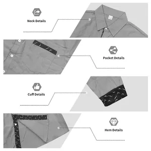 Detail view of men's grey linen shirt with black seagull print on collar and cuffs