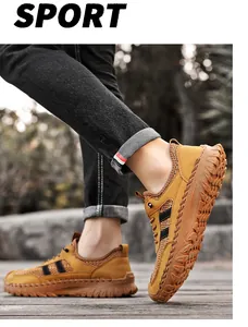 Detailed close-up view of men's breathable yellow mesh outdoor casual sneakers with soft soles.