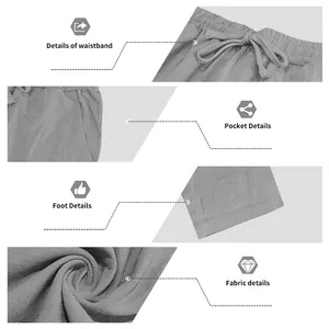 Détails de ce pantalon en lin pour homme : taille, poche et texture du tissu léger.