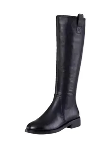 Sophisticated sleek black knee-high leather knight boots for chic women's autumn fashion look