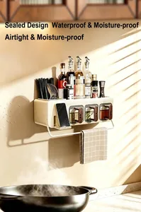 Wall-mounted multi-functional kitchen spice rack with moisture-proof drawers and towel bar