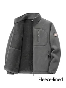 Chaqueta de forro polar gris para hombre con cuello alto, forro grueso para el invierno.