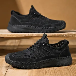 Breathable men's black mesh outdoor casual sports shoes with lightweight soft rubber sole