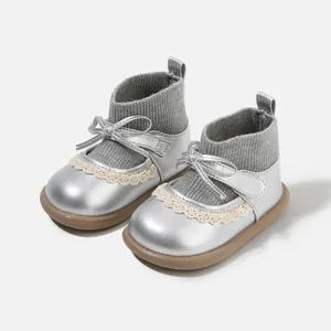 Shiny silver baby girl princess sock shoes with soft rubber soles for toddlers