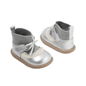 Elegant silver infant girls' princess sock boots with lace trim and soft walking sole