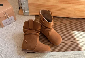 Gros plan sur la texture douce et le design plissé des bottes en daim marron pour filles