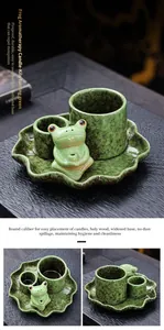 Macro detail of the kiln-turned green ceramic frog incense holder set with lotus leaf tray.