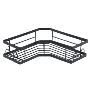 Black L-shaped metal corner shower shelf with wire frame design for bathroom