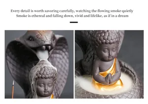 Detailed view of backflow incense smoke cascading over a ceramic Buddha and cobra