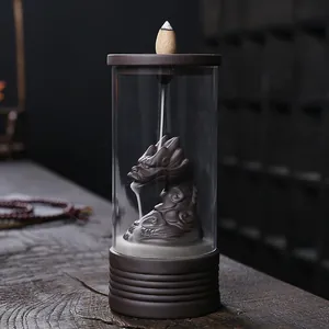 Quemador de Incienso de Reflujo de Dragón Vintage Con Cubierta de Vidrio a Prueba de Viento Incensario de Arcilla Púrpura de Dragón Decoración Zen para el Hogar Regalo de Aromaterapia
