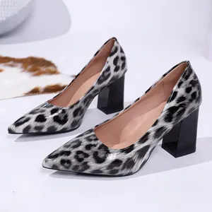 Gedetailleerde weergave van glanzende pumps met luipaardprint, puntige neus en blokhak