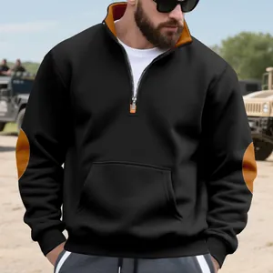 Detail van heren sweatshirt met kwart rits, oranje elleboogstukken en opstaande kraag