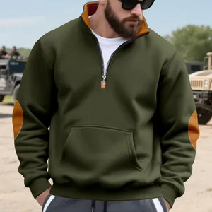 Amerikaanse stijl zwaargewicht heren sweatshirt in legergroen met halve rits en elleboogstukken