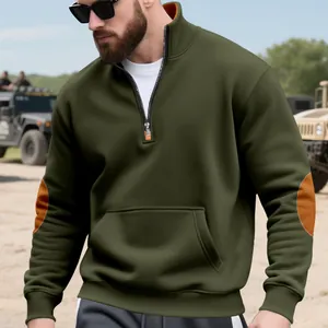 Zware olijfgroene heren sweatshirt met halve rits en contrasterende elleboogstukken