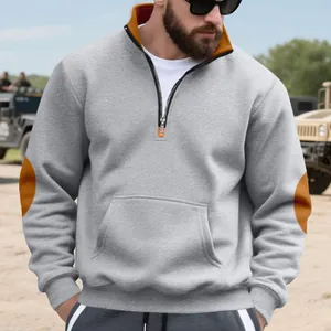Zware fleece heren-sweatshirt met kwart rits, contrasterende elleboogstukken en opstaande kraag