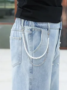 Straight leg light blue jeans for men with decorative pearl and silver metal chain