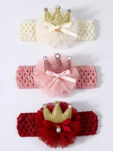 Set of three elegant baby lace headbands featuring glittery crowns and pearl bows