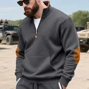 Heren sweatshirt met kwartrits, contrasterende elleboogstukken en opstaande kraag - Detail
