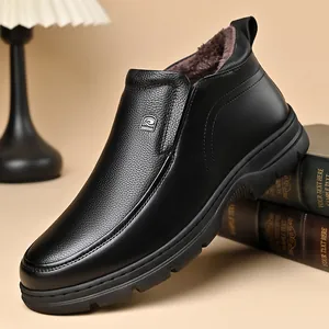 Bottes de Neige en Cuir Véritable pour Hommes Hiver Chaud Doublé de Polaire Chaussures Hautes Semelle Epaisse Antidérapante Noir