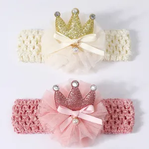 Sweet Baby Lace Headband With Glitter Crown Mesh Flower Bow Artificial Pearl Rhinestone For Girls Birthday Party Jewelry